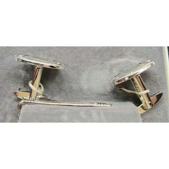 Foster Cufflinks Set Tie Bar Silver Tone Textured Finish Shirt Suit Vintage IOB - Picture 8 of 9